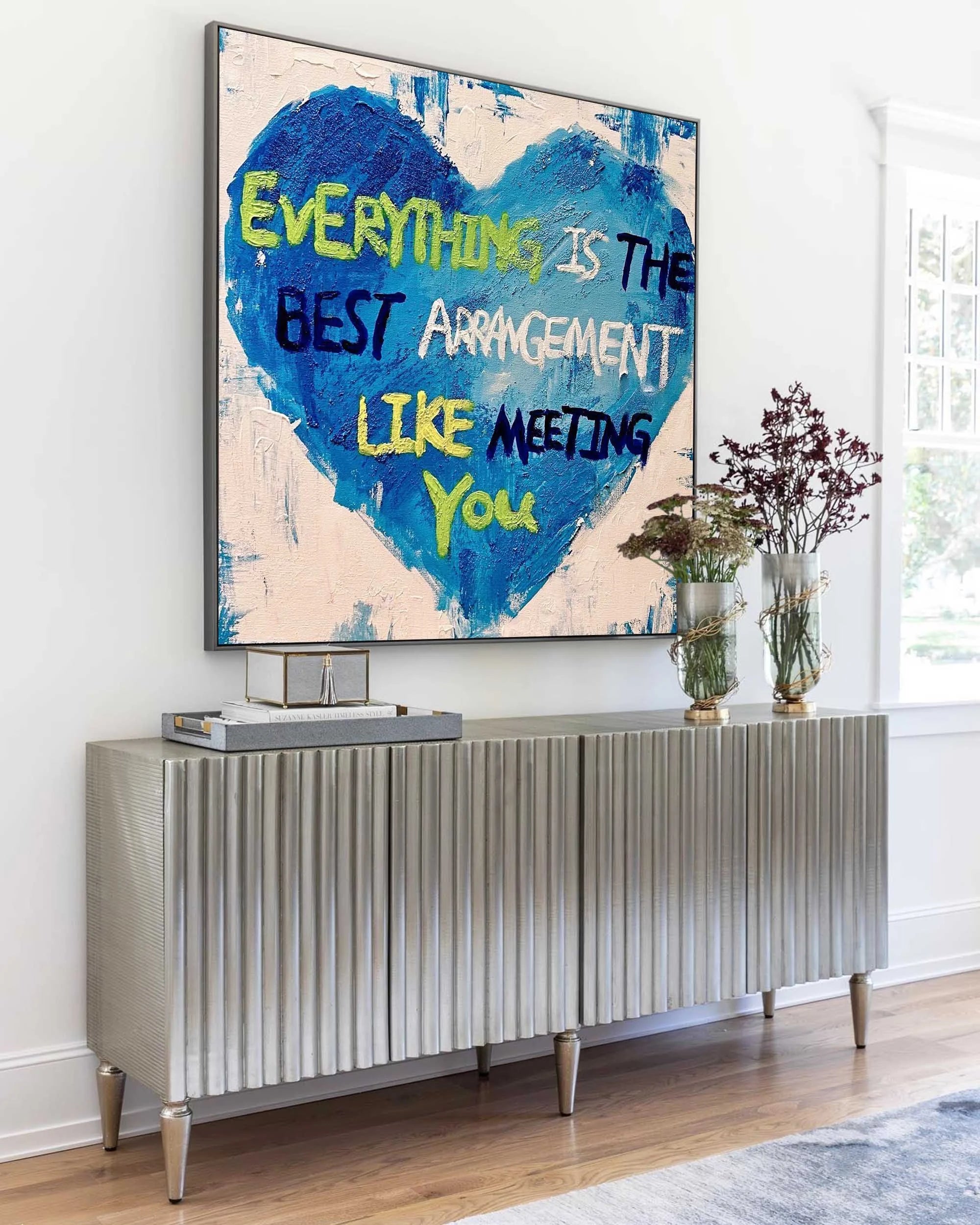 Multicolor Blue Heart Abstract Oil Painting Inspirational Text Art For Walls - Artwallpainting