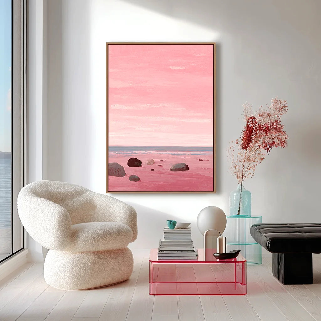 Multicolor Blush Shoreline Abstract Pink Seascape Canvas Painting - Artwallpainting