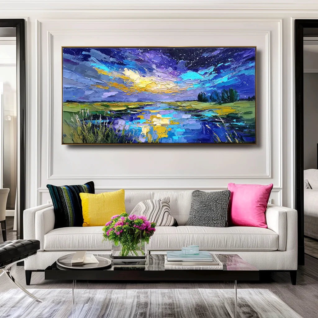 Multicolor Celestial Reflection Textured Night Sky Landscape Painting, Hand-Painted Canvas Art For Modern Interiors - Artwallpainting