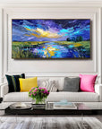 Multicolor Celestial Reflection Textured Night Sky Landscape Painting, Hand-Painted Canvas Art For Modern Interiors - Artwallpainting