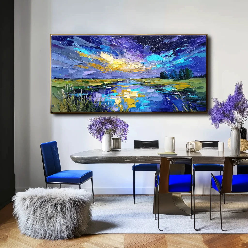 Multicolor Celestial Reflection Textured Night Sky Landscape Painting, Hand-Painted Canvas Art For Modern Interiors - Artwallpainting