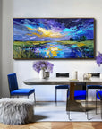 Multicolor Celestial Reflection Textured Night Sky Landscape Painting, Hand-Painted Canvas Art For Modern Interiors - Artwallpainting