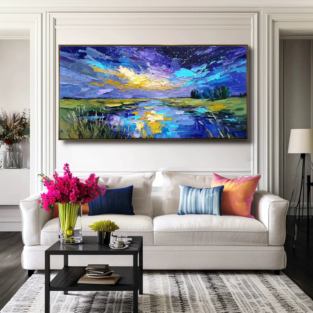 Multicolor Celestial Reflection Textured Night Sky Landscape Painting, Hand-Painted Canvas Art For Modern Interiors - Artwallpainting