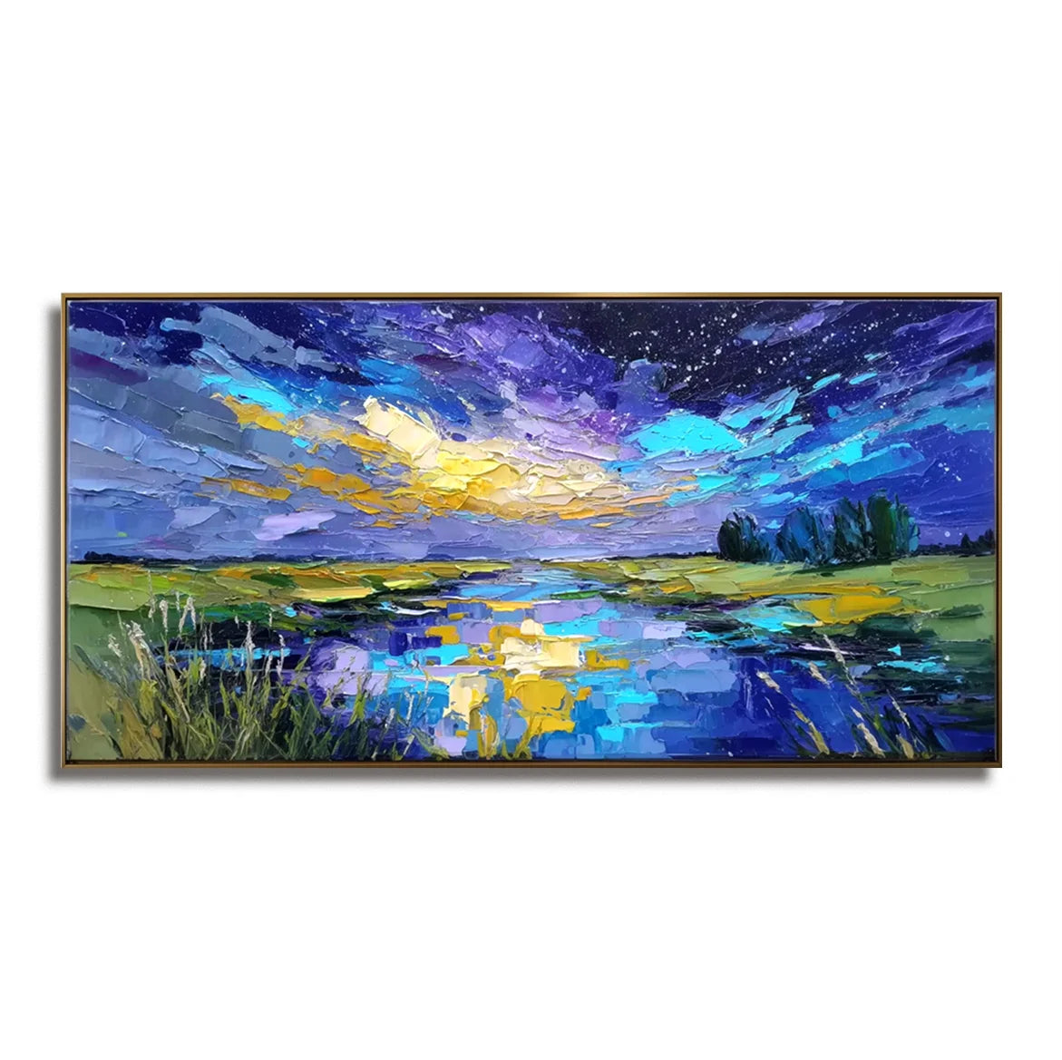 Multicolor Celestial Reflection Textured Night Sky Landscape Painting, Hand-Painted Canvas Art For Modern Interiors - Artwallpainting