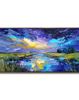 Multicolor Celestial Reflection Textured Night Sky Landscape Painting, Hand-Painted Canvas Art For Modern Interiors - Artwallpainting