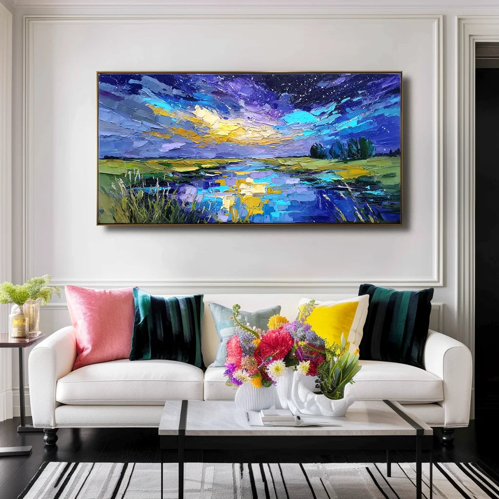 Multicolor Celestial Reflection Textured Night Sky Landscape Painting, Hand-Painted Canvas Art For Modern Interiors - Artwallpainting