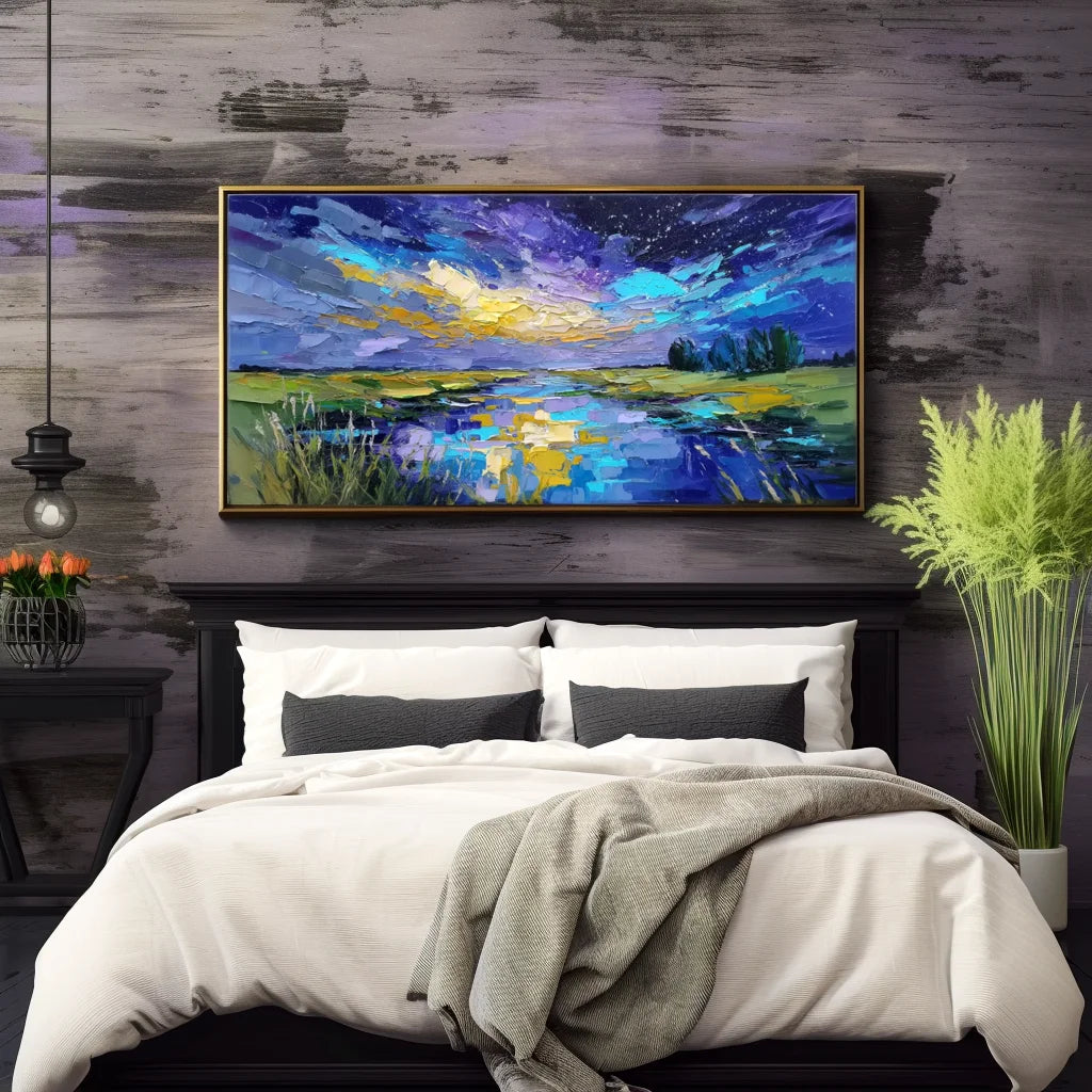 Multicolor Celestial Reflection Textured Night Sky Landscape Painting, Hand-Painted Canvas Art For Modern Interiors - Artwallpainting