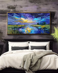Multicolor Celestial Reflection Textured Night Sky Landscape Painting, Hand-Painted Canvas Art For Modern Interiors - Artwallpainting