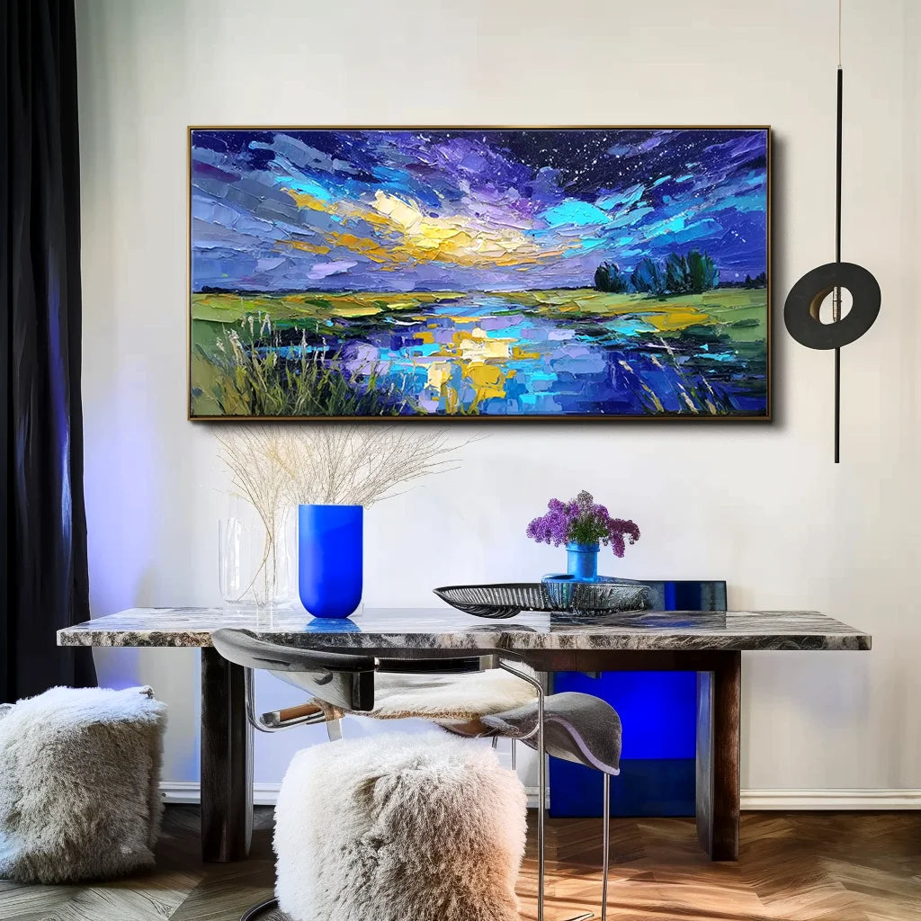 Multicolor Celestial Reflection Textured Night Sky Landscape Painting, Hand-Painted Canvas Art For Modern Interiors - Artwallpainting
