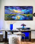 Multicolor Celestial Reflection Textured Night Sky Landscape Painting, Hand-Painted Canvas Art For Modern Interiors - Artwallpainting