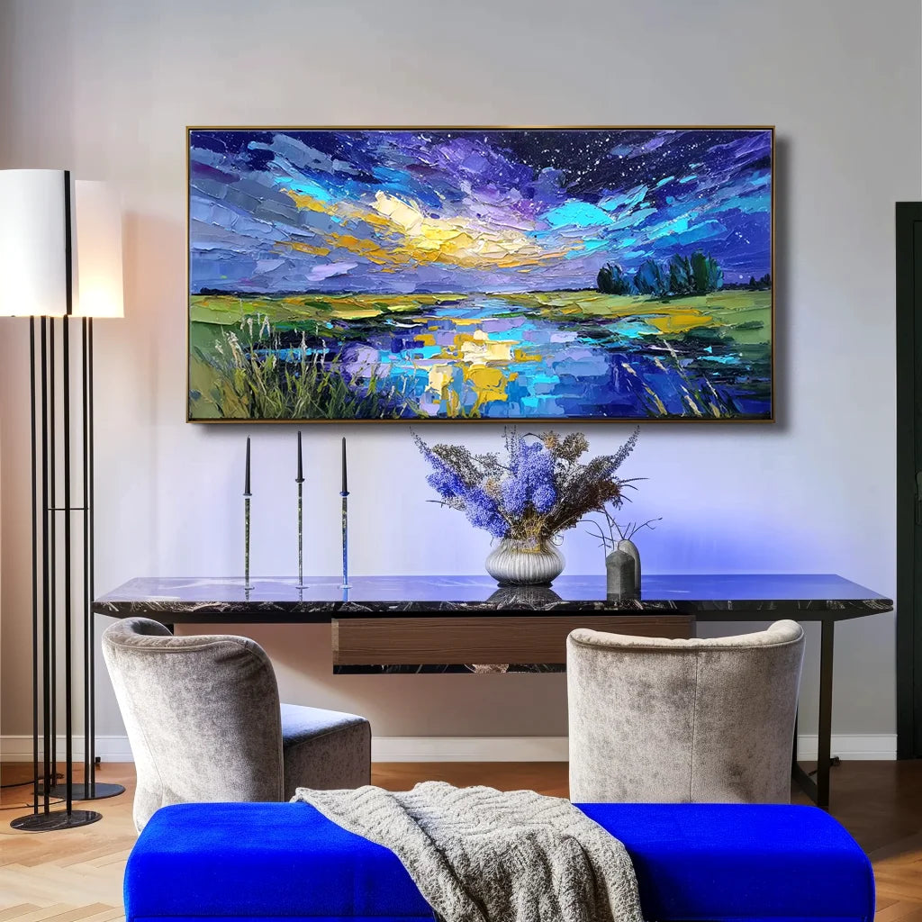 Multicolor Celestial Reflection Textured Night Sky Landscape Painting, Hand-Painted Canvas Art For Modern Interiors - Artwallpainting