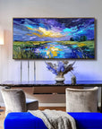 Multicolor Celestial Reflection Textured Night Sky Landscape Painting, Hand-Painted Canvas Art For Modern Interiors - Artwallpainting