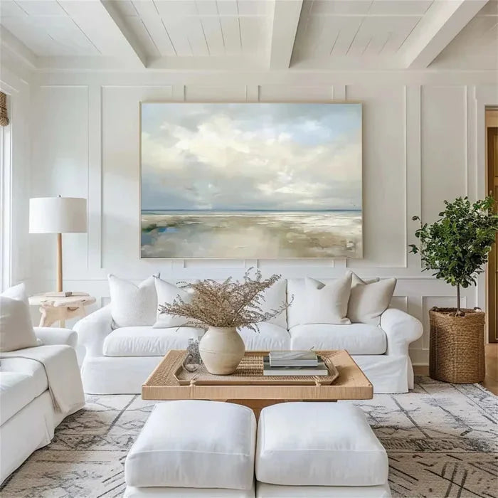 Multicolor Coastal Clouds-Modern Minimalist Calm Ocean And Sky Texture Oil Painting Wall Art - Artwallpainting