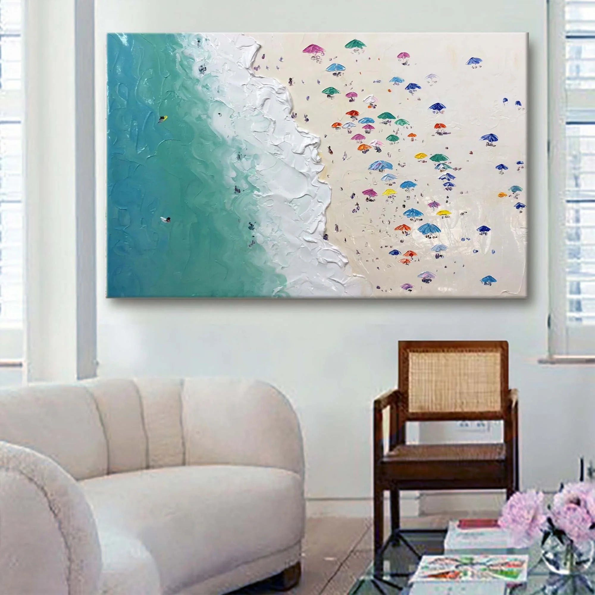 Multicolor Coastal Harmony Textured Beach Umbrella Scene - Artwallpainting