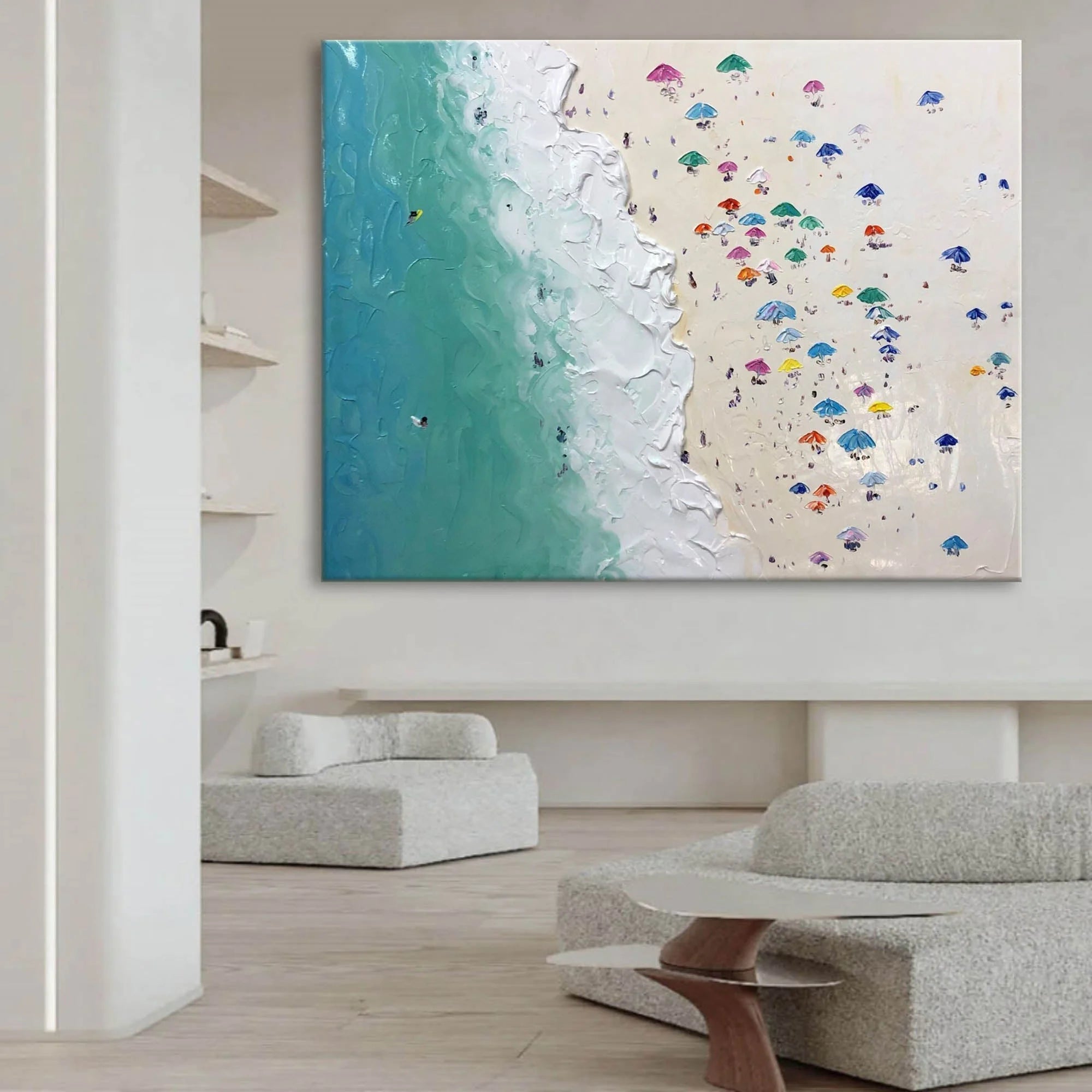 Multicolor Coastal Harmony Textured Beach Umbrella Scene - Artwallpainting