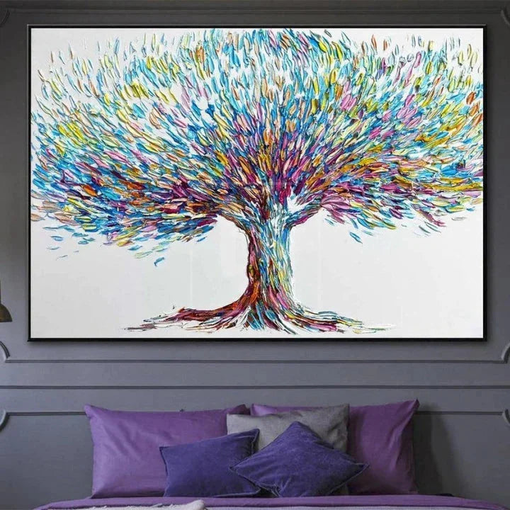 Multicolor Colorful Tree-Hand-Painted Three-Dimensional Colorful Feather Life Tree Texture Wall Art - Artwallpainting
