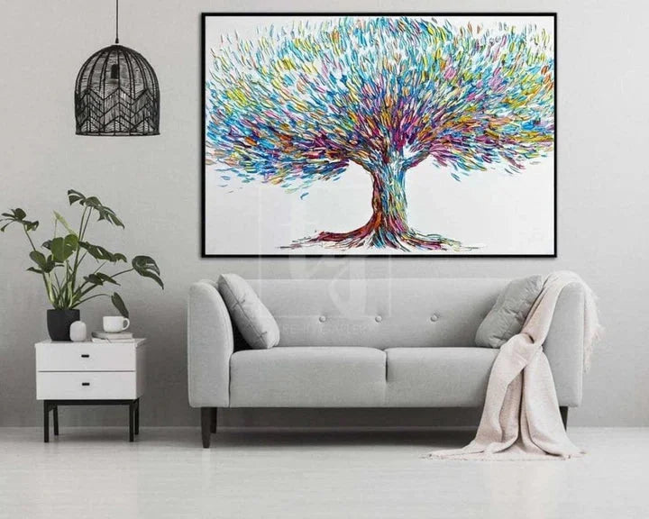 Multicolor Colorful Tree-Hand-Painted Three-Dimensional Colorful Feather Life Tree Texture Wall Art - Artwallpainting