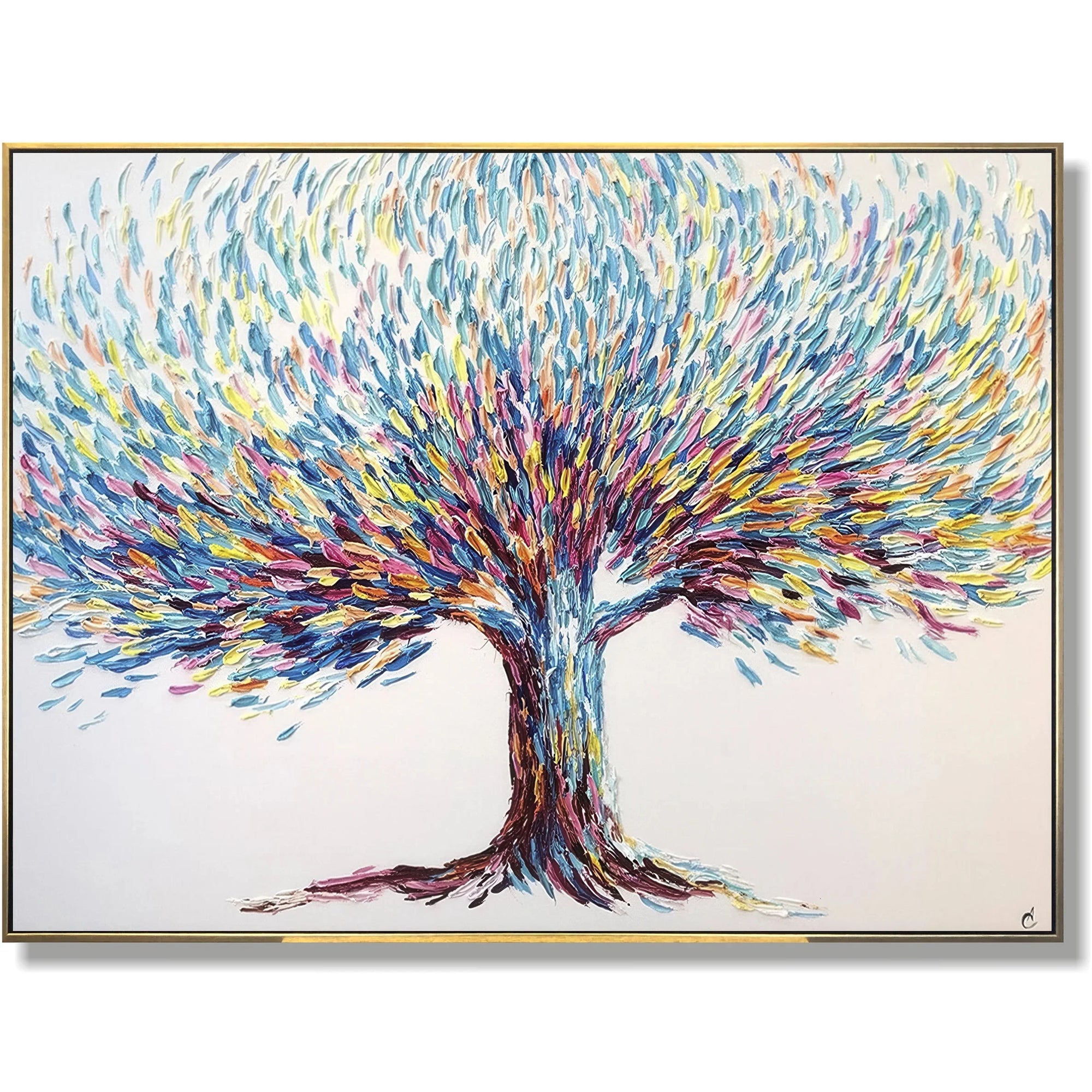 Multicolor Colorful Tree-Hand-Painted Three-Dimensional Colorful Feather Life Tree Texture Wall Art - Artwallpainting