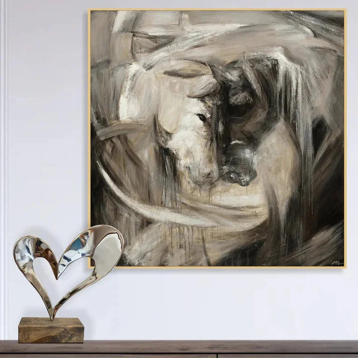 Multicolor Confrontation-Hand-Painted Abstract Oil Painting Featuring A Spiritual Duel Between Two Horses, Showcasing Wall Art - Artwallpainting