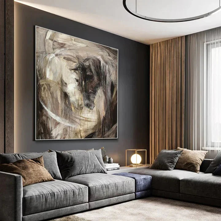 Multicolor Confrontation-Hand-Painted Abstract Oil Painting Featuring A Spiritual Duel Between Two Horses, Showcasing Wall Art - Artwallpainting