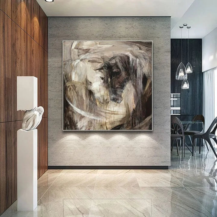 Multicolor Confrontation-Hand-Painted Abstract Oil Painting Featuring A Spiritual Duel Between Two Horses, Showcasing Wall Art - Artwallpainting