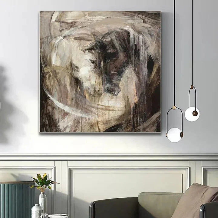 Multicolor Confrontation-Hand-Painted Abstract Oil Painting Featuring A Spiritual Duel Between Two Horses, Showcasing Wall Art - Artwallpainting