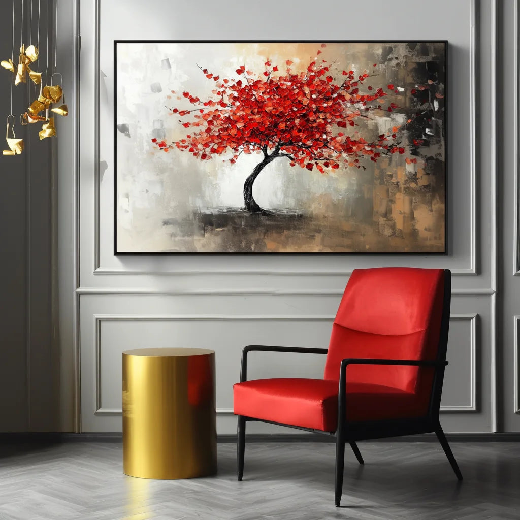 Multicolor Crimson Bloom - Hand-Painted Modern Wall Art - Artwallpainting