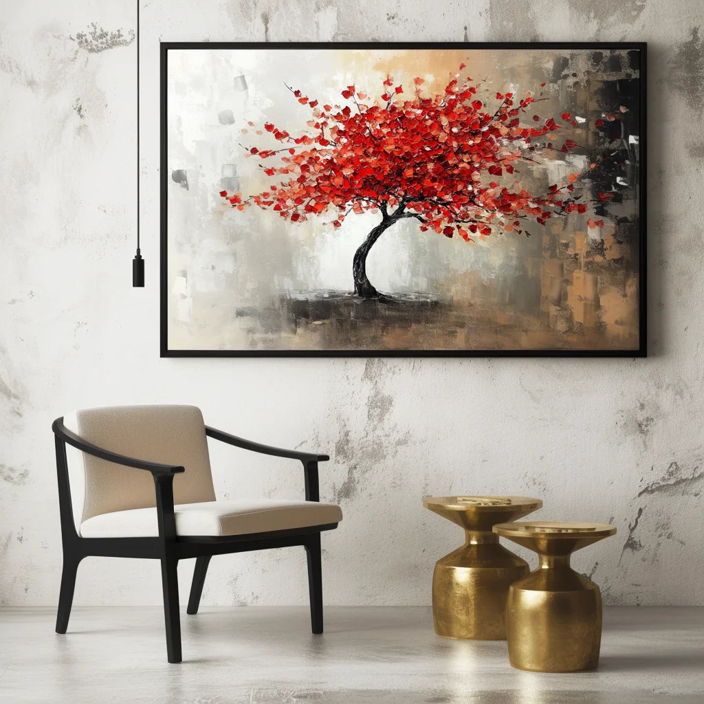 Multicolor Crimson Bloom - Hand-Painted Modern Wall Art - Artwallpainting