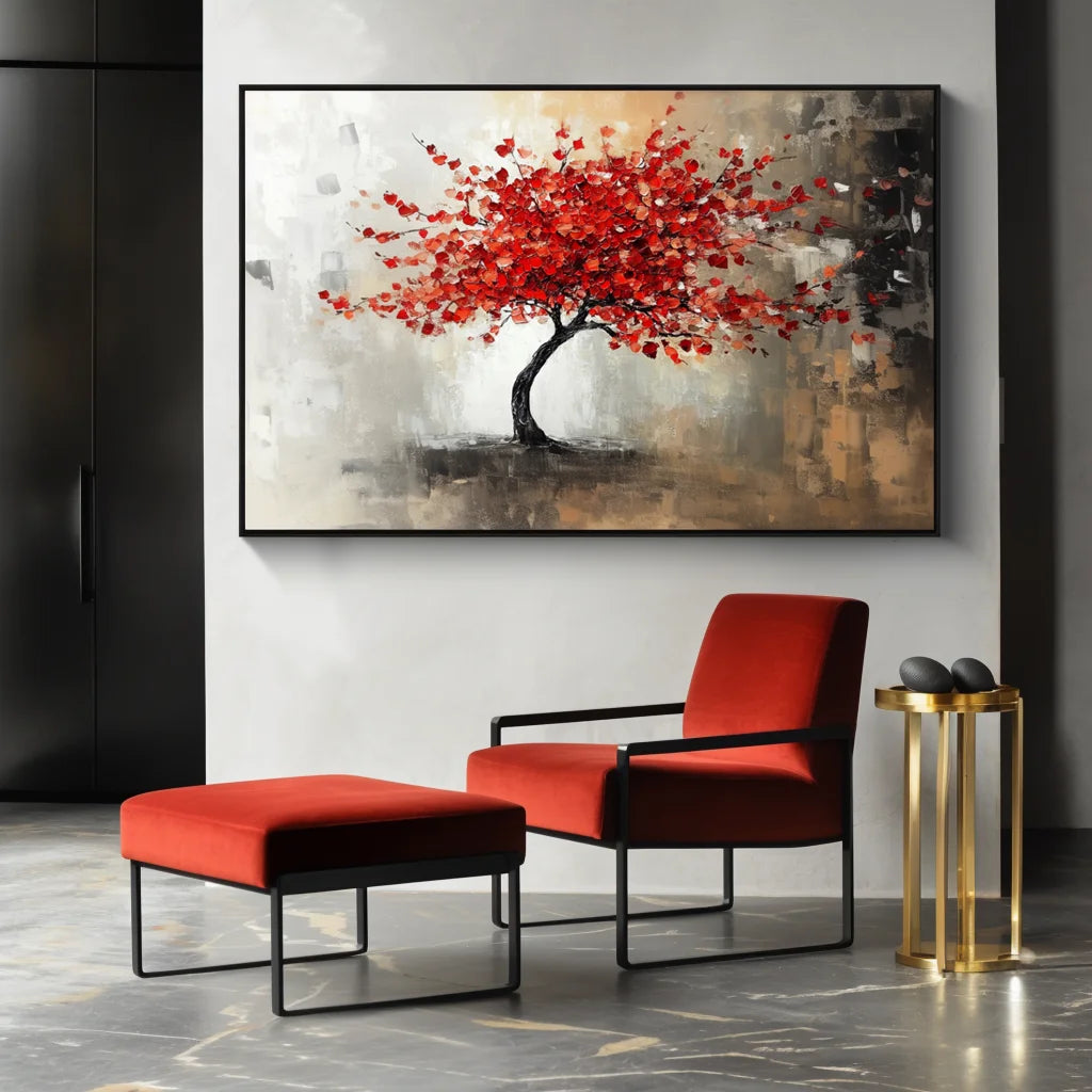 Multicolor Crimson Bloom - Hand-Painted Modern Wall Art - Artwallpainting