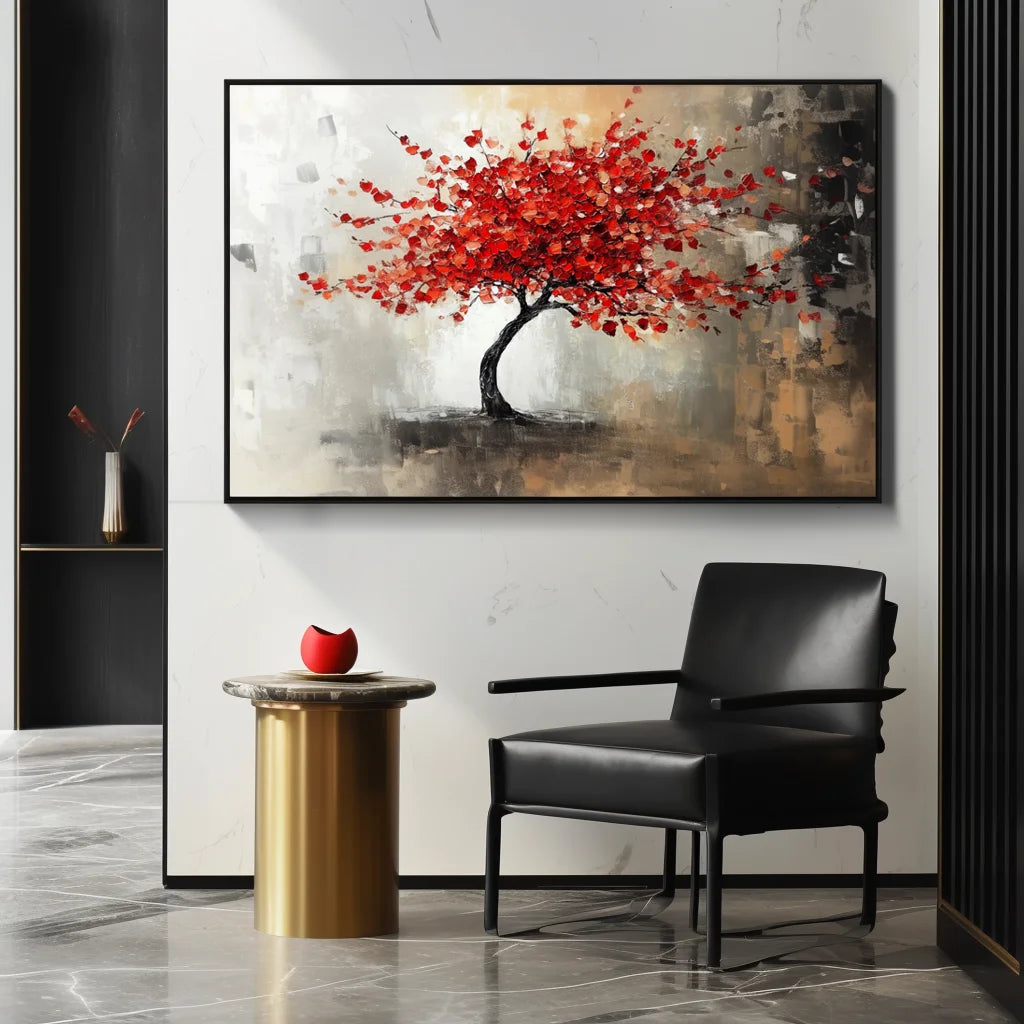 Multicolor Crimson Bloom - Hand-Painted Modern Wall Art - Artwallpainting