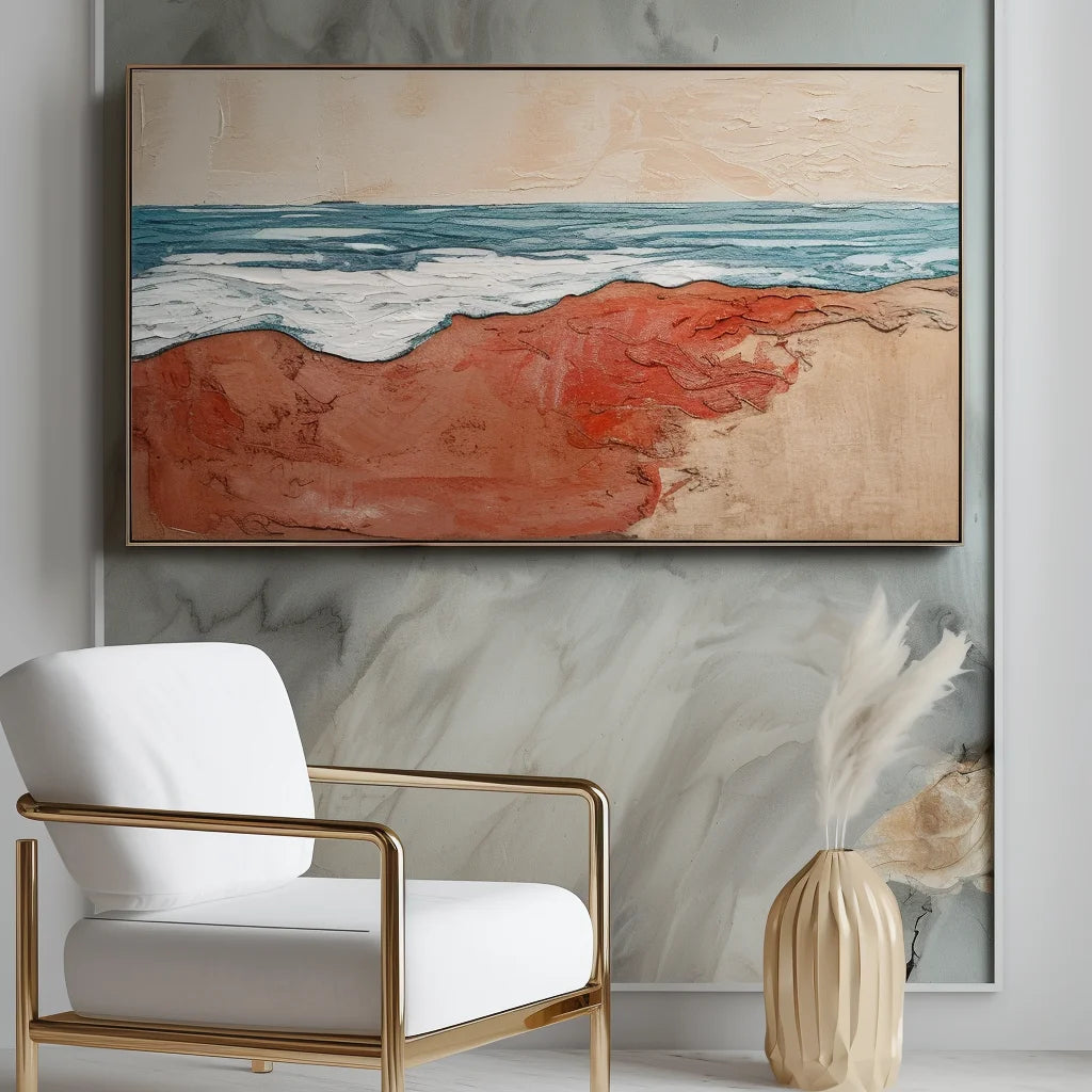 Multicolor Crimson Shoreline Abstract Warm Shore Blue Wave Oil Painting Wall Art - Artwallpainting