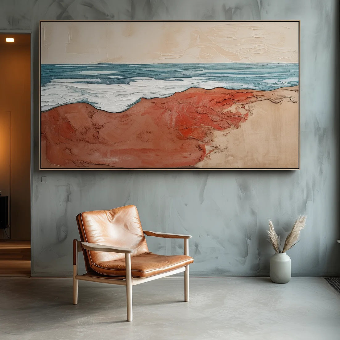 Multicolor Crimson Shoreline Abstract Warm Shore Blue Wave Oil Painting Wall Art - Artwallpainting