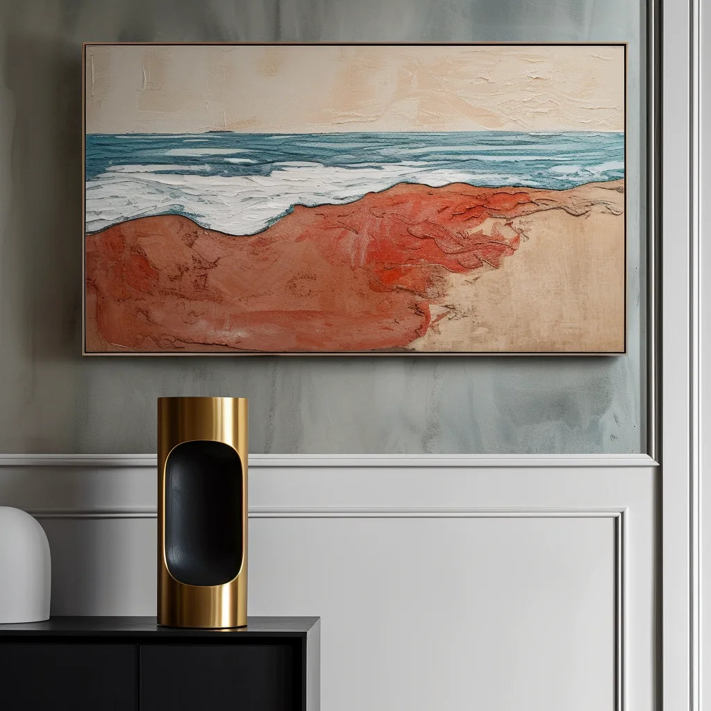 Multicolor Crimson Shoreline Abstract Warm Shore Blue Wave Oil Painting Wall Art - Artwallpainting