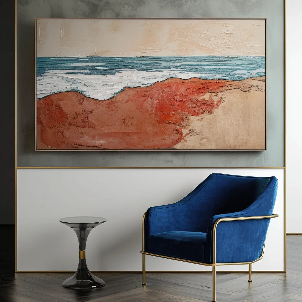 Multicolor Crimson Shoreline Abstract Warm Shore Blue Wave Oil Painting Wall Art - Artwallpainting