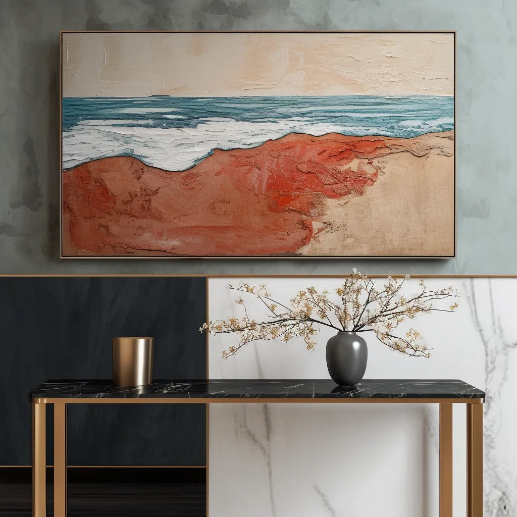 Multicolor Crimson Shoreline Abstract Warm Shore Blue Wave Oil Painting Wall Art - Artwallpainting