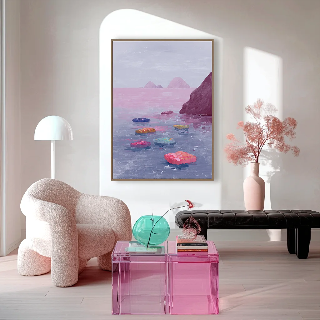 Multicolor Echo Shore Abstract Pink Coastal Canvas Painting - Artwallpainting