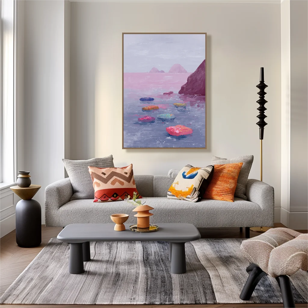 Multicolor Echo Shore Abstract Pink Coastal Canvas Painting - Artwallpainting