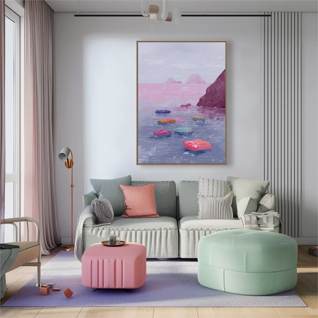 Multicolor Echo Shore Abstract Pink Coastal Canvas Painting - Artwallpainting