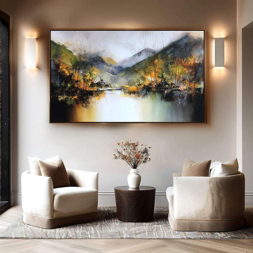 Multicolor Echoes Of Autumn Hand-Painted Mountain Lake Reflection Landscape Wall Art - Artwallpainting