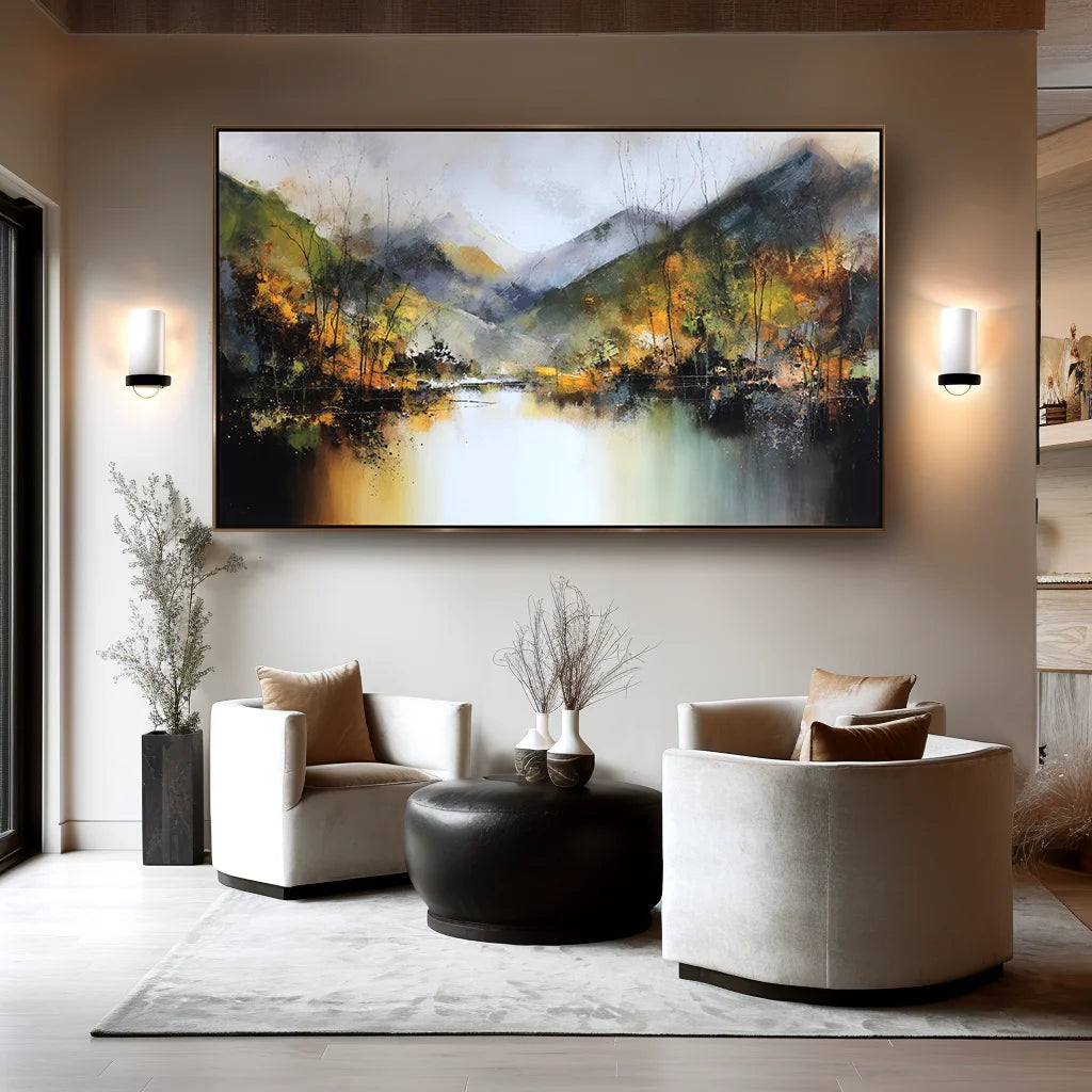 Multicolor Echoes Of Autumn Hand-Painted Mountain Lake Reflection Landscape Wall Art - Artwallpainting