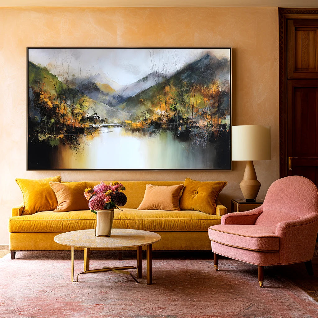 Multicolor Echoes Of Autumn Hand-Painted Mountain Lake Reflection Landscape Wall Art - Artwallpainting