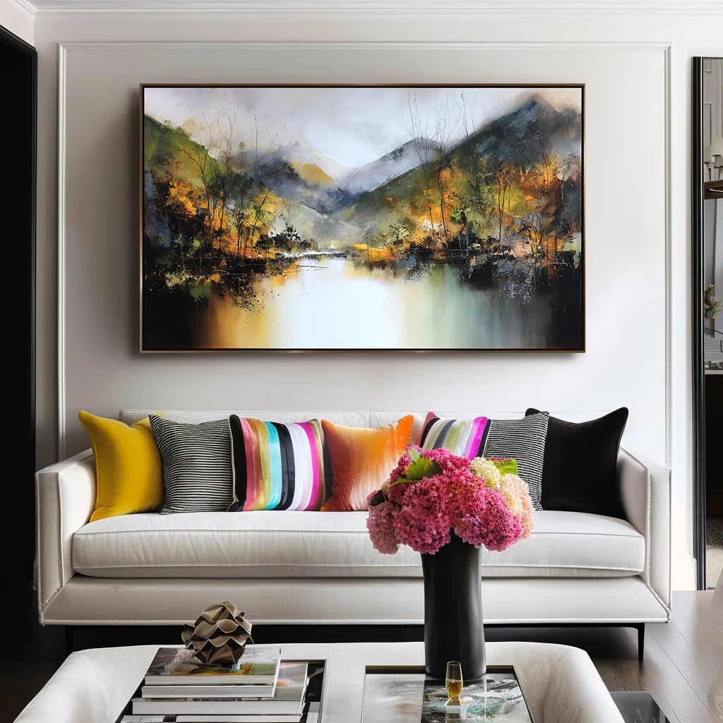 Multicolor Echoes Of Autumn Hand-Painted Mountain Lake Reflection Landscape Wall Art - Artwallpainting