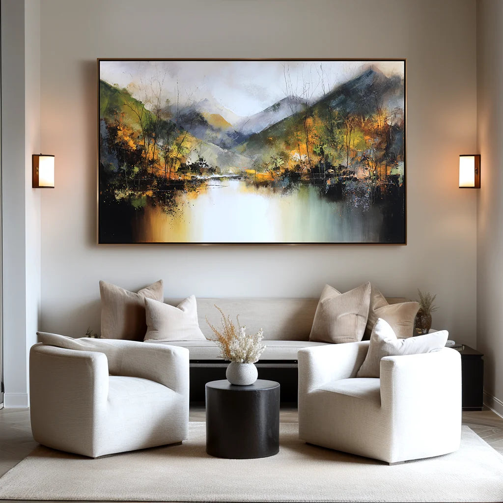 Multicolor Echoes Of Autumn Hand-Painted Mountain Lake Reflection Landscape Wall Art - Artwallpainting