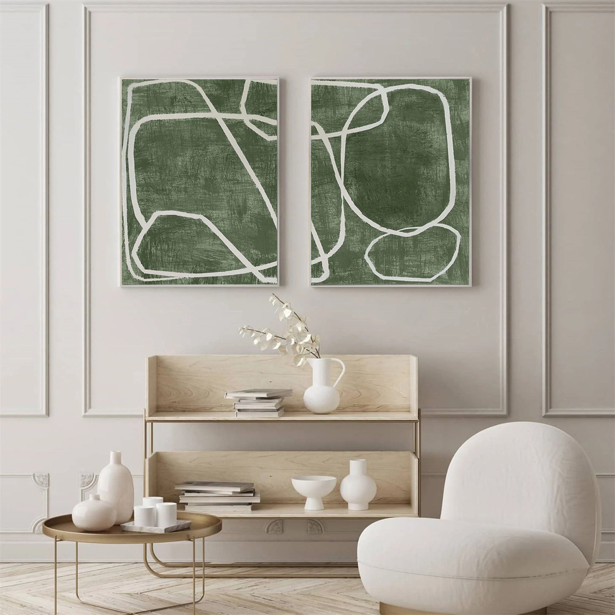 Multicolor Emerald Dual Canvas Art - Geometric Minimalist Lines Set Of 2 - Artwallpainting