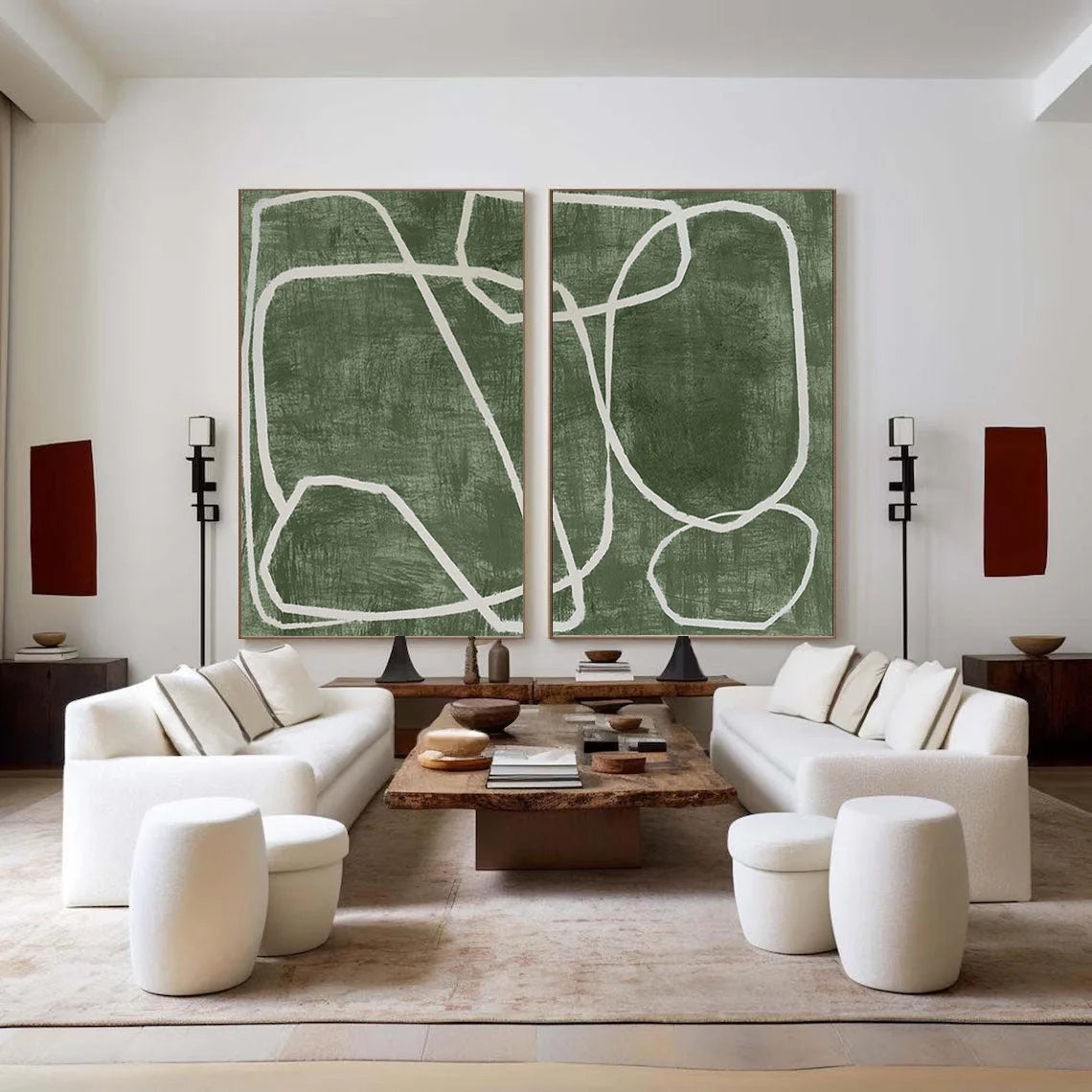 Multicolor Emerald Dual Canvas Art - Geometric Minimalist Lines Set Of 2 - Artwallpainting