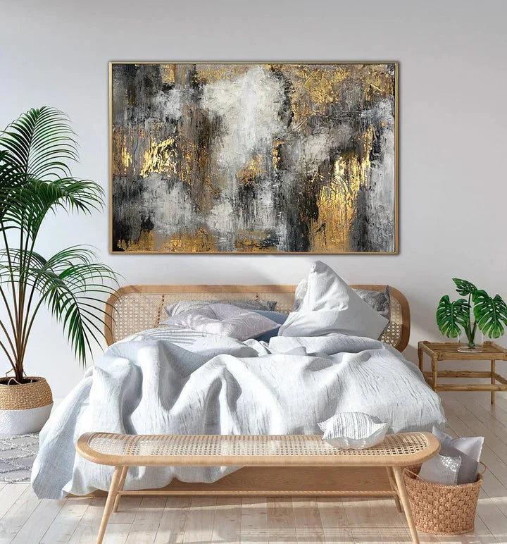 Multicolor Ethereal Abstract-Hand-Painted Abstract Gray And Gold Texture Dance Wall Art - Artwallpainting