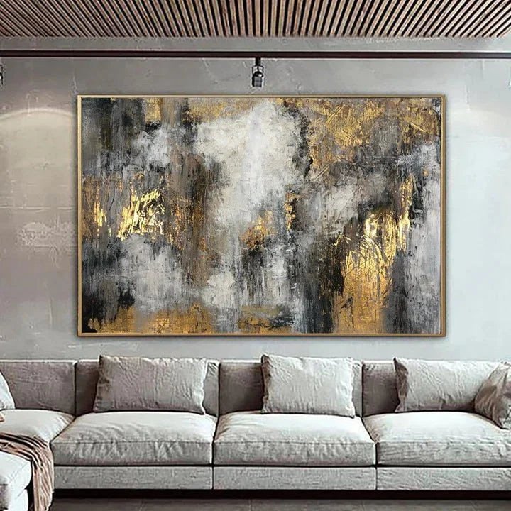 Multicolor Ethereal Abstract-Hand-Painted Abstract Gray And Gold Texture Dance Wall Art - Artwallpainting