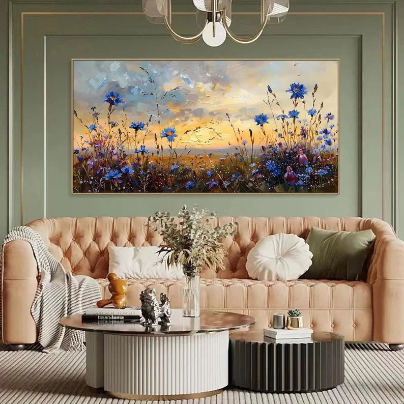 Multicolor Floral Prairie-Hand-Painted Texture Oil Painting Of A Dusk Wildflower Scene For Wall Art - Artwallpainting