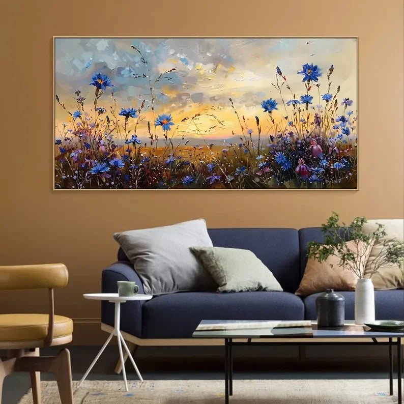 Multicolor Floral Prairie-Hand-Painted Texture Oil Painting Of A Dusk Wildflower Scene For Wall Art - Artwallpainting