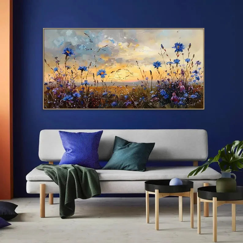 Multicolor Floral Prairie-Hand-Painted Texture Oil Painting Of A Dusk Wildflower Scene For Wall Art - Artwallpainting